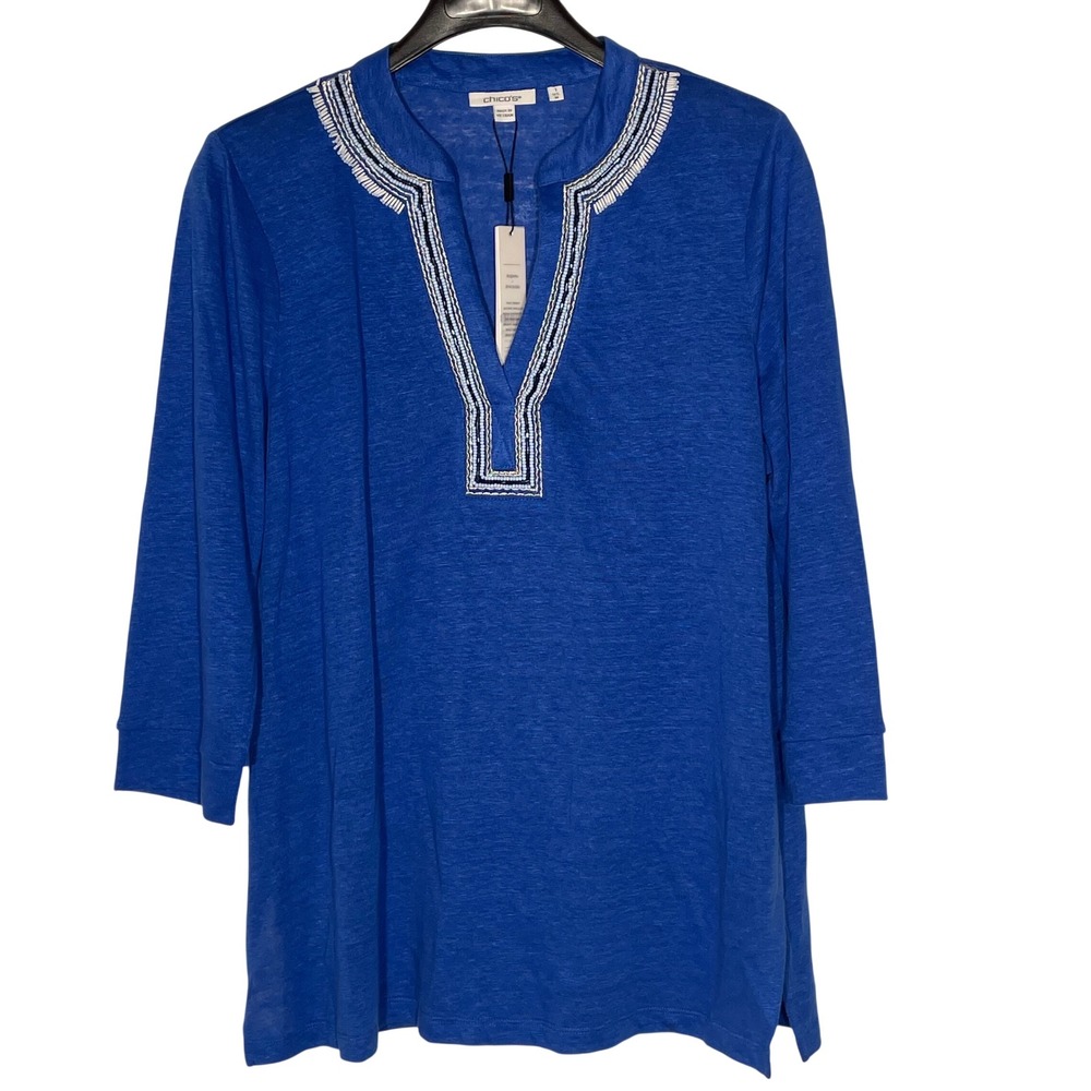 Chico's Linen Beaded Embroidered Top Sz MED (1) Boho Tribal Oversized